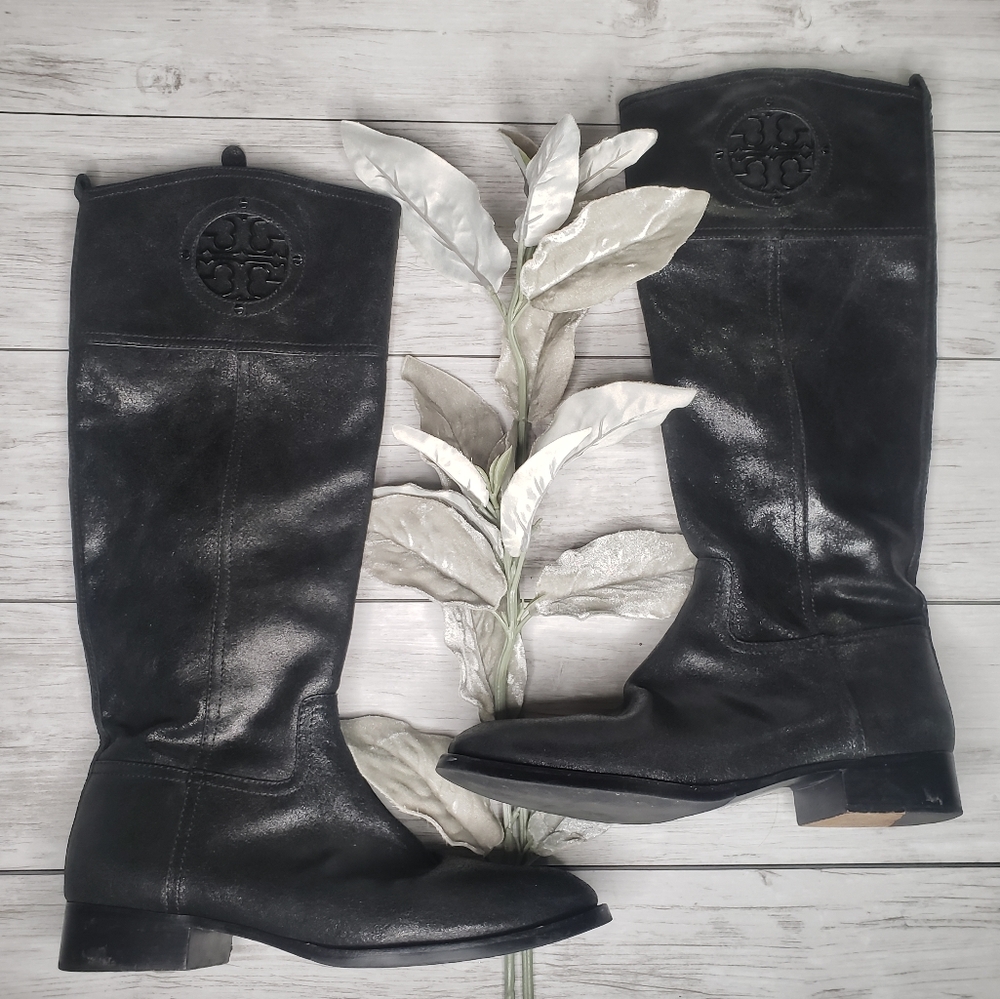 Tory Burch Boots Knee High Riding Black Sparkle Metallic 9.5 Leather Designer